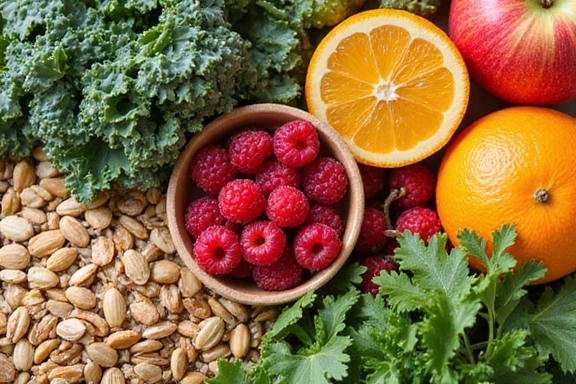 A vibrant collage of healthy food items like fresh fruits, vegetables, nuts, and whole grains, symbolizing balanced nutrition and wellness.