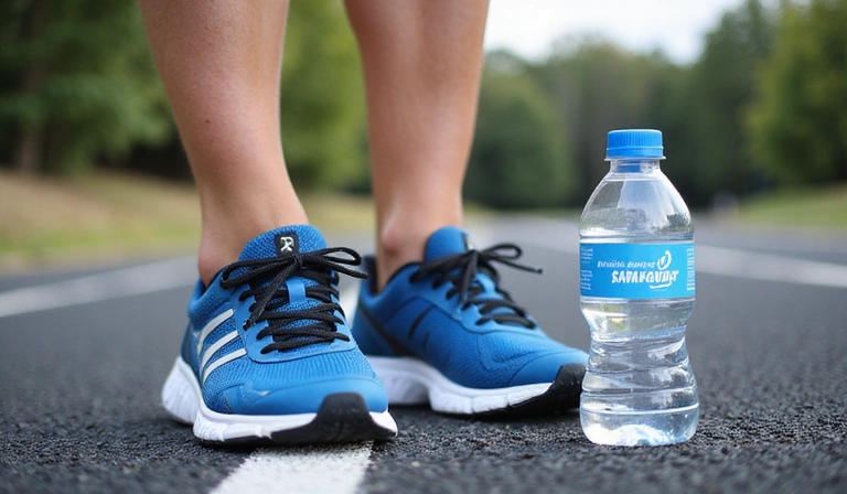 A pair of running shoes on a track with a water bottle, symbolizing fitness and hydration.