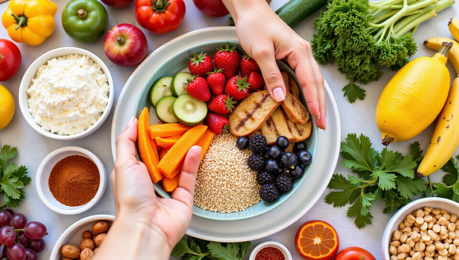 A vibrant, fresh spread of healthy food including colorful fruits, vegetables, and whole grains, with a person's hands reaching for a balanced plate, symbolizing health and wellness.