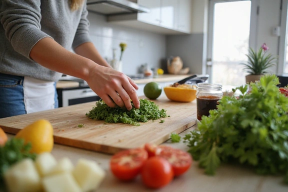 Someone preparing a healthy meal in a kitchen, indicating practical cooking tips.