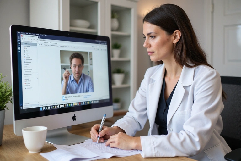 A nutritionist taking notes during an online consultation, demonstrating professionalism and attentive listening.