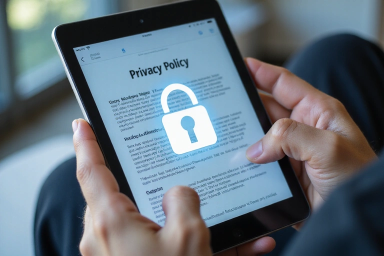 A person reviewing privacy policy on a tablet with a secure lock icon overlay